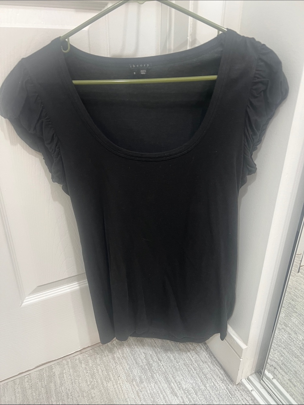 Theory Black Scoop Neck Short Sleeve Ruffle Top